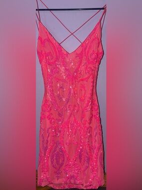 Hot Pink Sequined Strappy Open-Back Dress